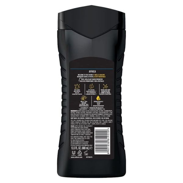 axe 400ml africa 3in1 body face hair wash