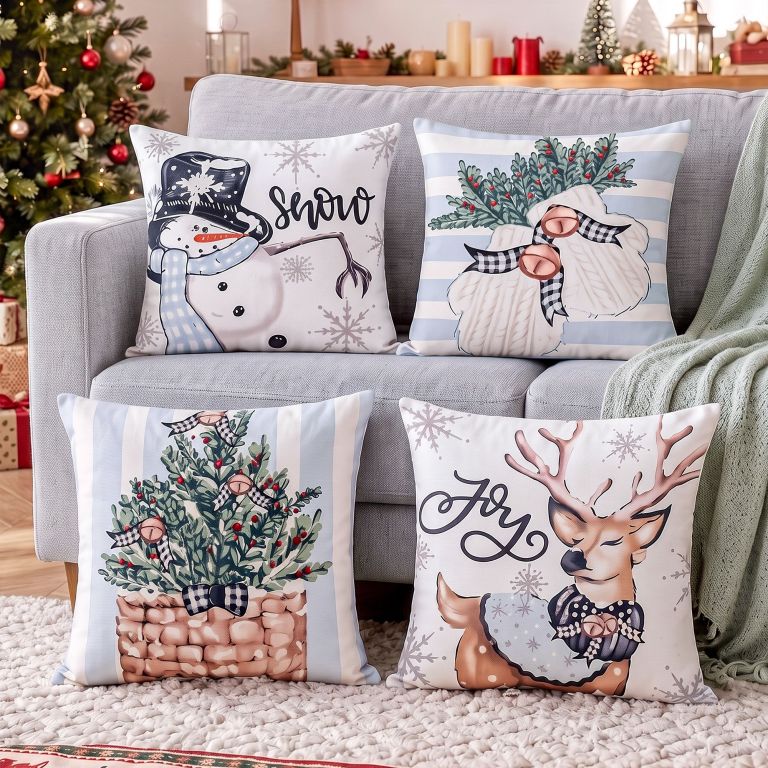 jingle jollys christmas cushion covers set of 4 pillow covers 45x45cm with 4 cute patterns blue