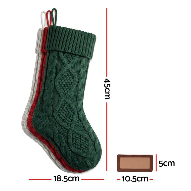 jingle jollys 3pcs personalized christmas stockings with leather patches 16 inch knitted solid colour xmas decor for fireplace mantel, christmas tree, home decoration & holiday party displays
