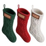 jingle jollys 3pcs personalized christmas stockings with leather patches 16 inch knitted solid colour xmas decor for fireplace mantel, christmas tree, home decoration & holiday party displays