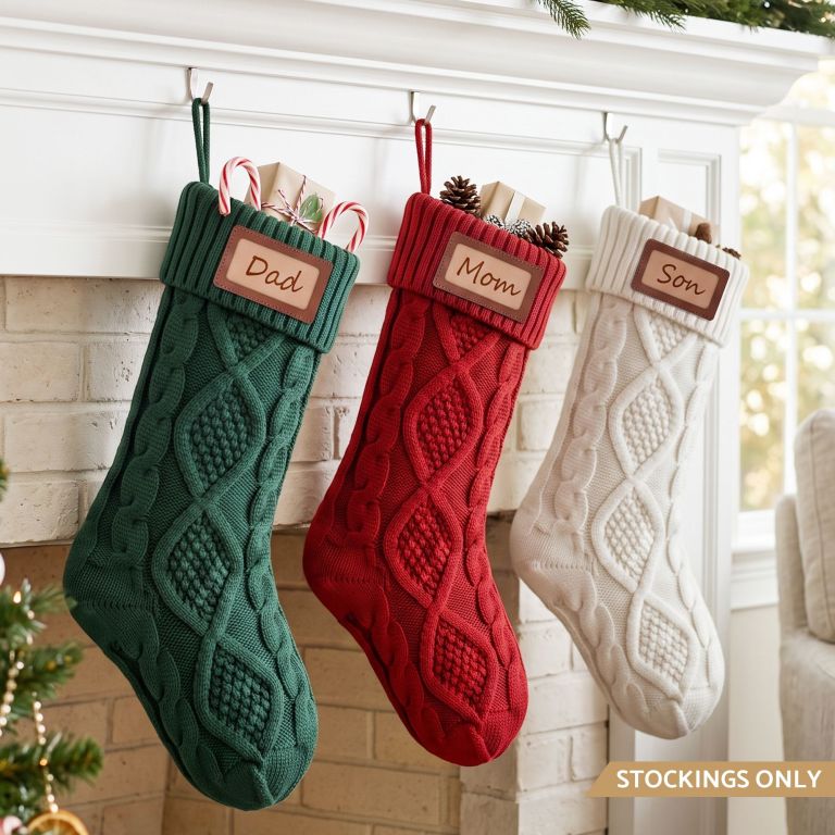 jingle jollys 3pcs personalized christmas stockings with leather patches 16 inch knitted solid colour xmas decor for fireplace mantel, christmas tree, home decoration & holiday party displays