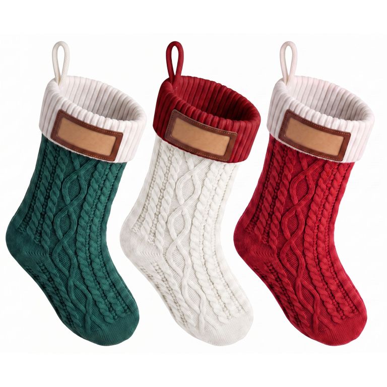 jingle jollys 3pcs personalized christmas stockings with leather patches, 16 inch knitted contrast colour xmas hanging decor for fireplace mantel, christmas tree, home decoration & holiday party displays
