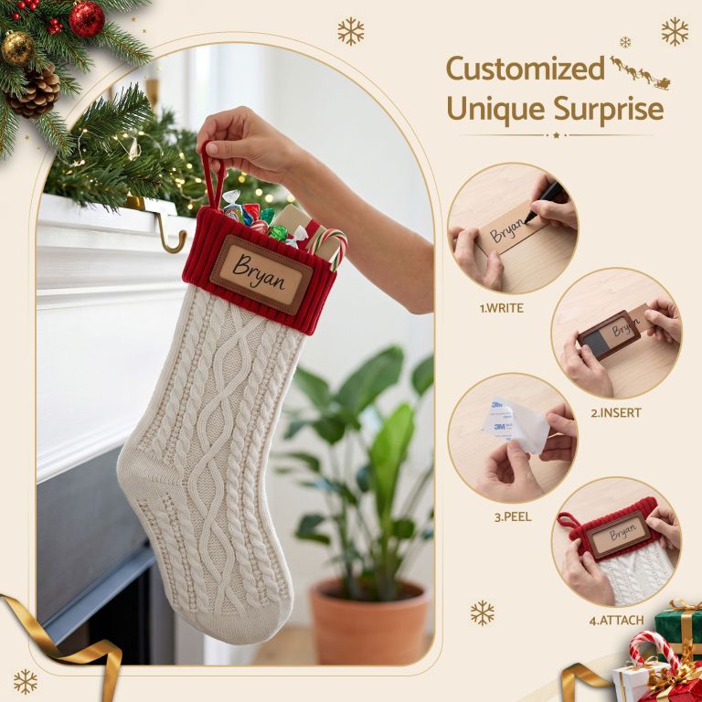 jingle jollys 3pcs personalized christmas stockings with leather patches, 16 inch knitted contrast colour xmas hanging decor for fireplace mantel, christmas tree, home decoration & holiday party displays
