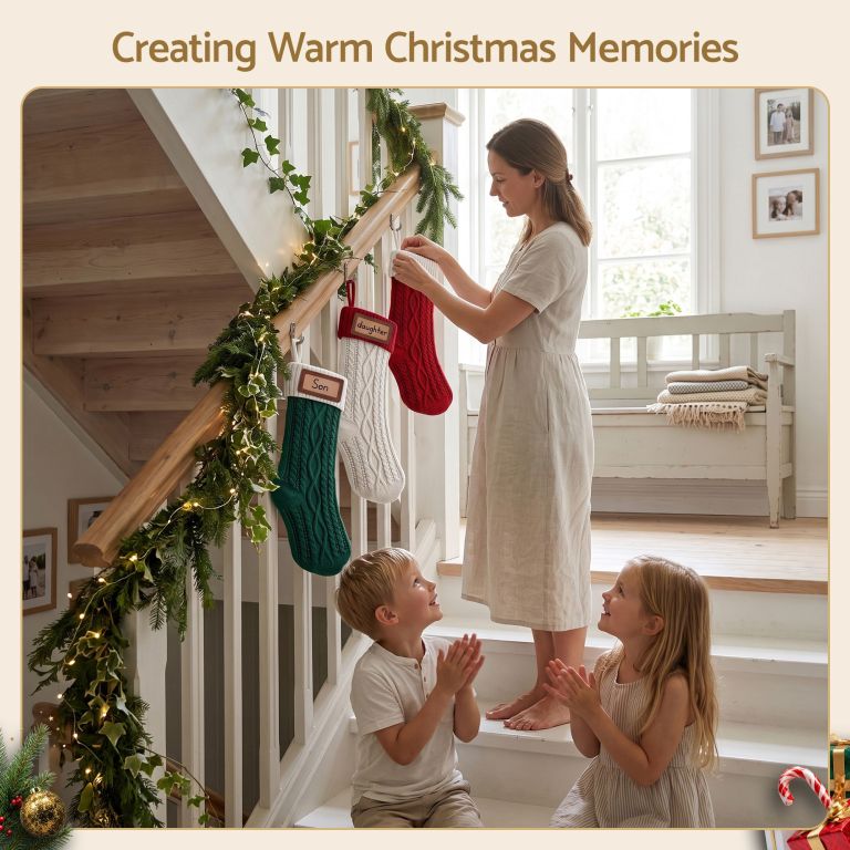 jingle jollys 3pcs personalized christmas stockings with leather patches, 16 inch knitted contrast colour xmas hanging decor for fireplace mantel, christmas tree, home decoration & holiday party displays