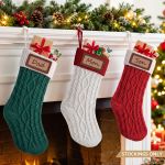 jingle jollys 3pcs personalized christmas stockings with leather patches, 16 inch knitted contrast colour xmas hanging decor for fireplace mantel, christmas tree, home decoration & holiday party displays
