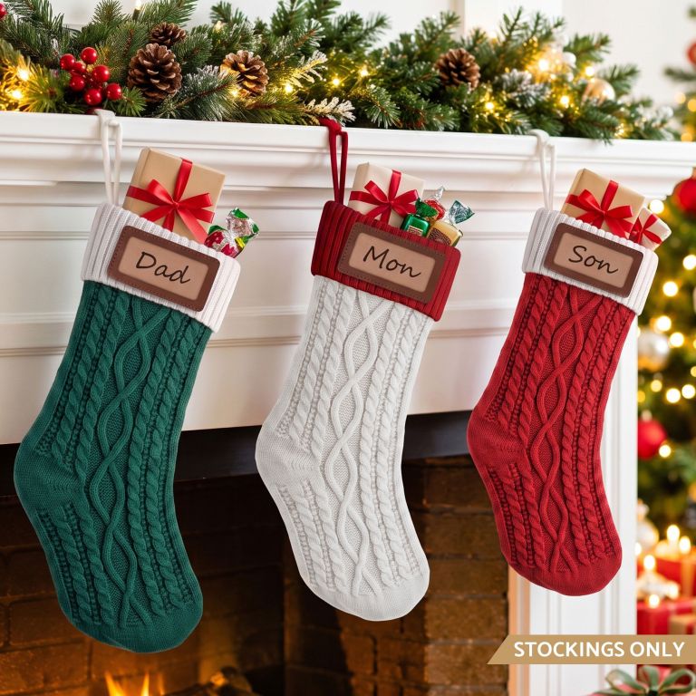 jingle jollys 3pcs personalized christmas stockings with leather patches, 16 inch knitted contrast colour xmas hanging decor for fireplace mantel, christmas tree, home decoration & holiday party displays
