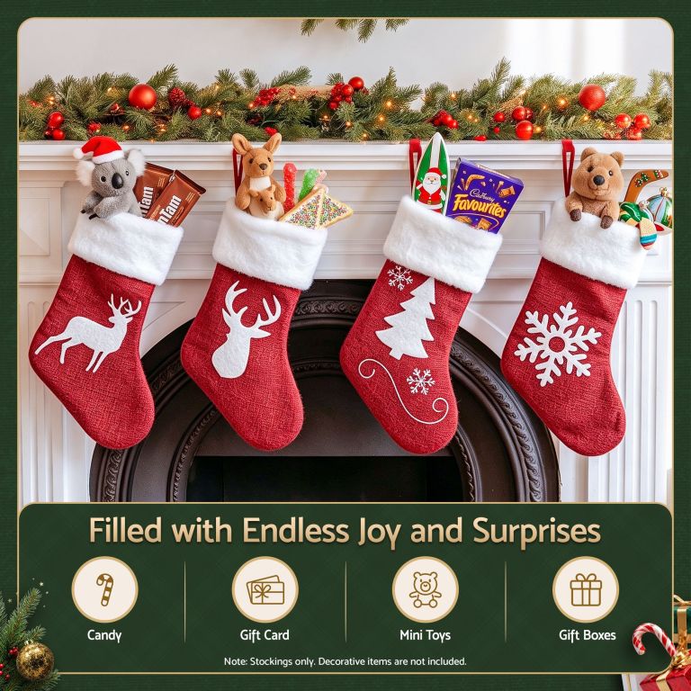 jingle jollys 4 pack large velvet christmas stockings 46.5cm red white decor perfect for gift ideal, fireplace mantels christmas trees holiday party decorations