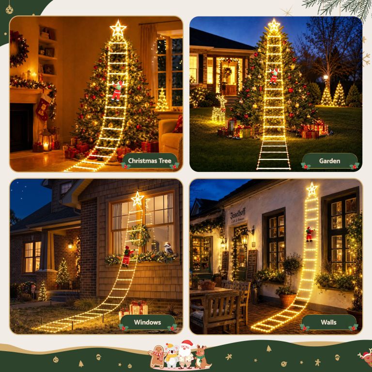 jingle jollys christmas ladder lights santa 3.4m 328led hanging decor warm white