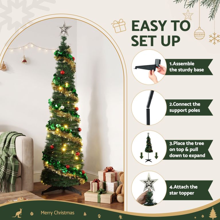 jingle jollys pop up christmas tree pre decorated warm white led 160cm jingle jollys pop up christmas tree pre decorated warm white led 160cm