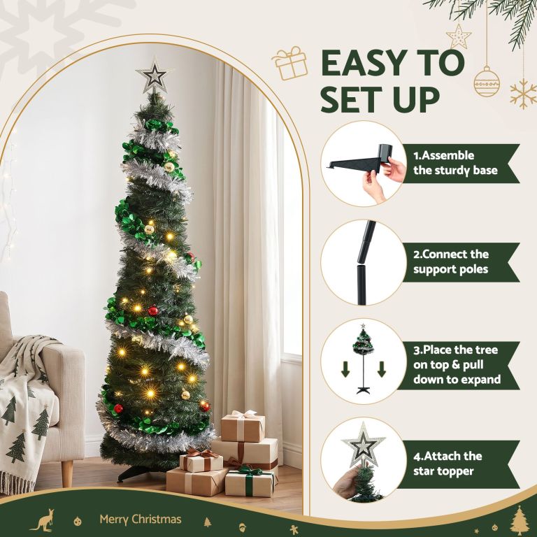 jingle jollys pop up christmas tree pre decorated warm white led 155cm