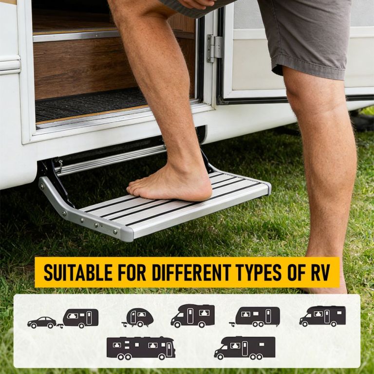 heavy duty pull out caravan step – folding aluminium rv entry step, non slip portable camping step, space saving retractable design, 58 x 54 x 17cm