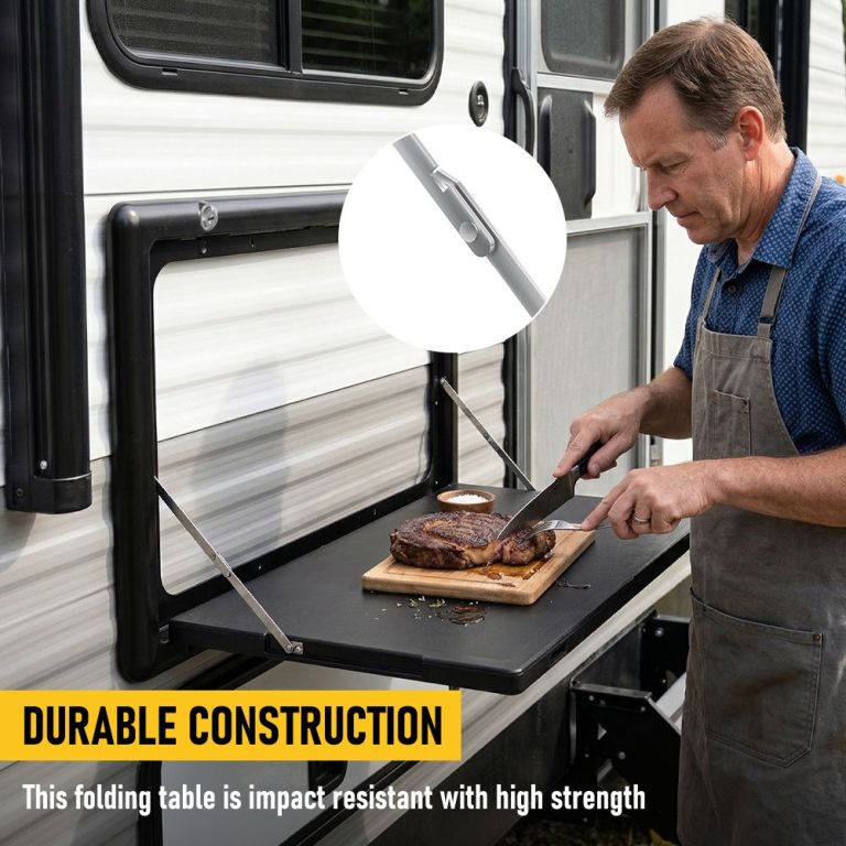 folding caravan table – lockable space saving portable table for camper, motorhome & rv, 25kg capacity, black folding caravan table – lockable space saving portable table for camper, motorhome & rv, 25kg capacity, black