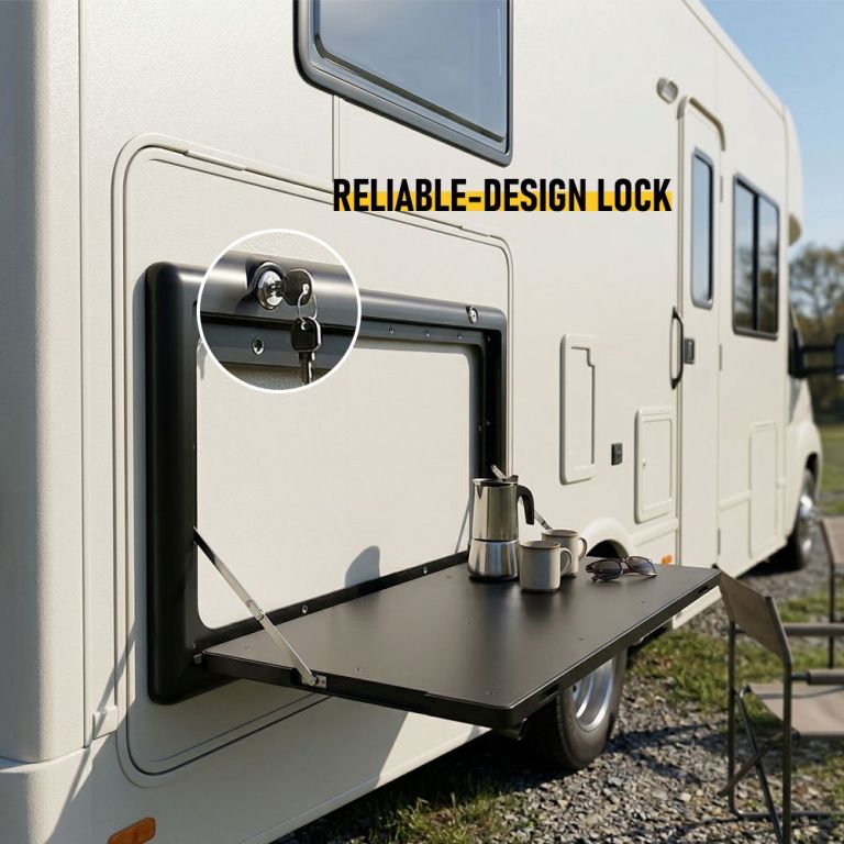 folding caravan table – lockable space saving portable table for camper, motorhome & rv, 25kg capacity, black folding caravan table – lockable space saving portable table for camper, motorhome & rv, 25kg capacity, black