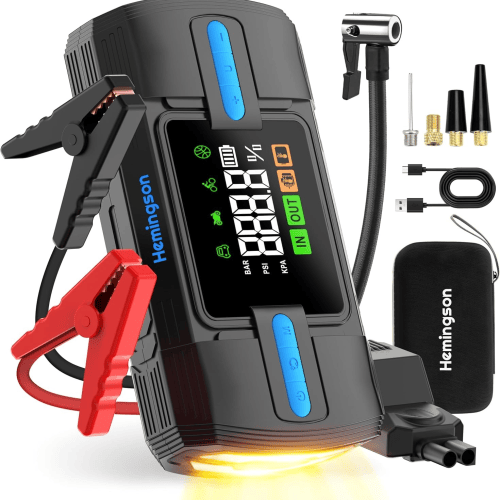 car jump starter with air compressor, hemingson 160psi 3000a portable car battery jump starter (9.0l gas/8.0l diesel), 12v car battery jump box jumper starter with oversized lcd display, lights