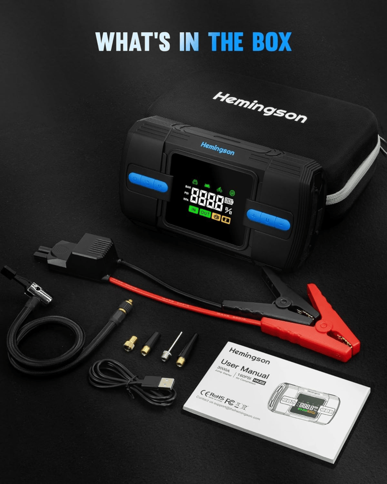 car jump starter with air compressor, hemingson 160psi 3000a portable car battery jump starter (9.0l gas/8.0l diesel), 12v car battery jump box jumper starter with oversized lcd display, lights car jump starter with air compressor, hemingson 160psi 3000a portable car battery jump starter (9.0l gas/8.0l diesel), 12v car battery jump box jumper starter with oversized lcd display, lights