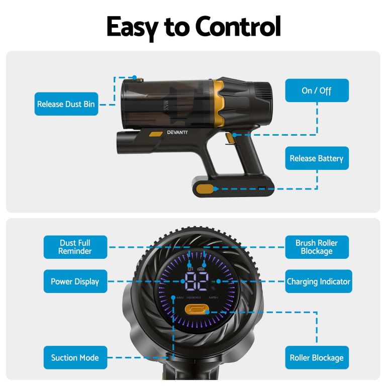 devanti 30000pa cordless stick vacuum cleaner 4 in 1 handheld vac, gold