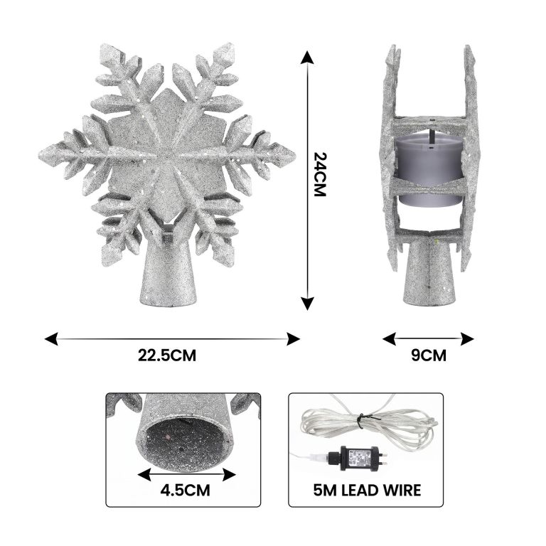 jingle jollys christmas tree topper lighted 360° rotating snowflake projector silver glitter