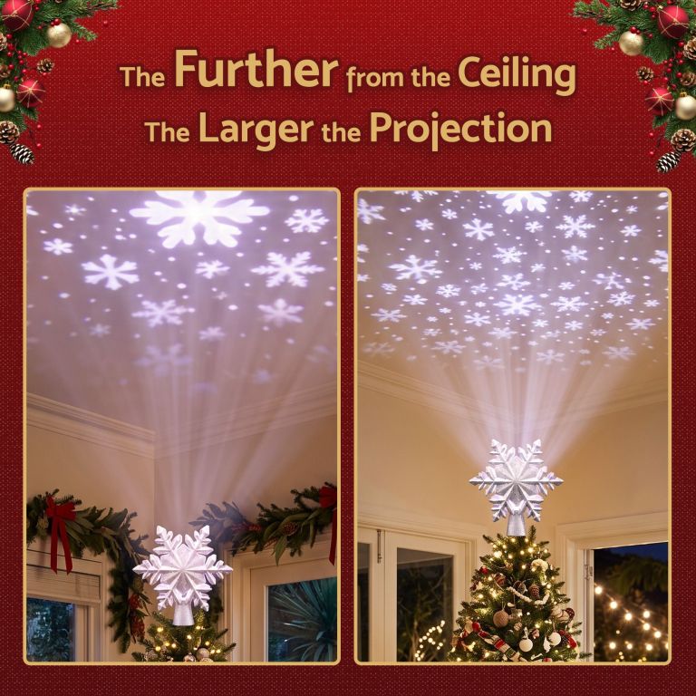 jingle jollys christmas tree topper lighted 360° rotating snowflake projector silver glitter