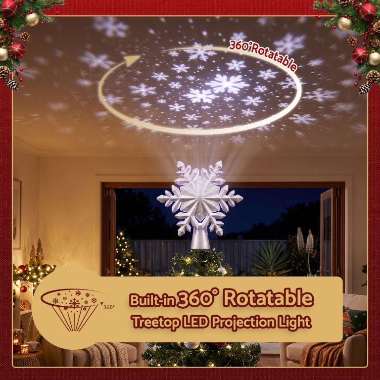 jingle jollys christmas tree topper lighted 360° rotating snowflake projector silver glitter