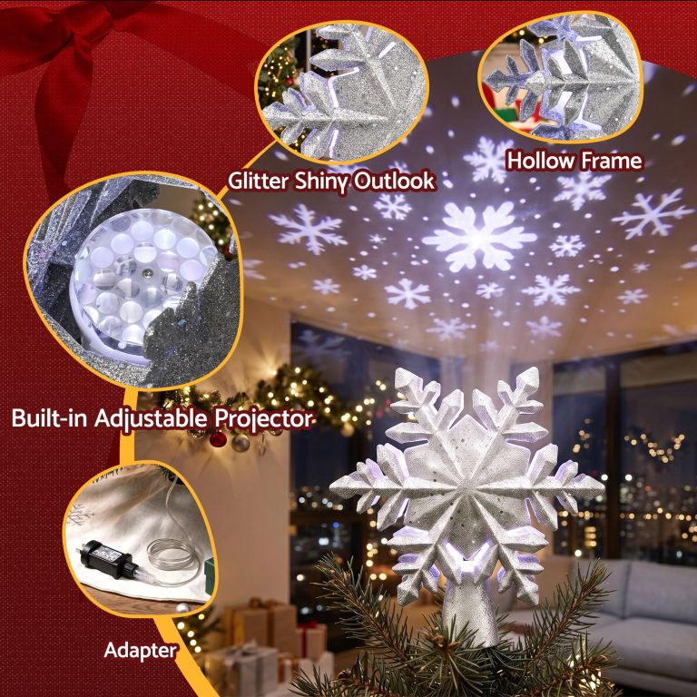 jingle jollys christmas tree topper lighted 360° rotating snowflake projector silver glitter
