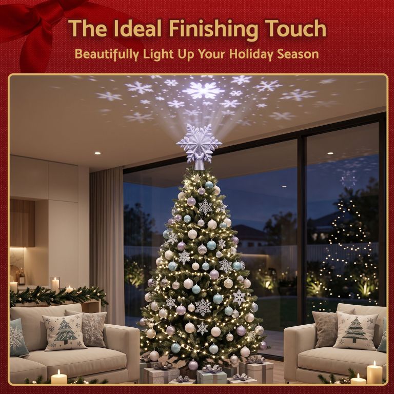 jingle jollys christmas tree topper lighted 360° rotating snowflake projector silver glitter
