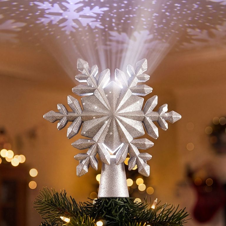 jingle jollys christmas tree topper lighted 360° rotating snowflake projector silver glitter